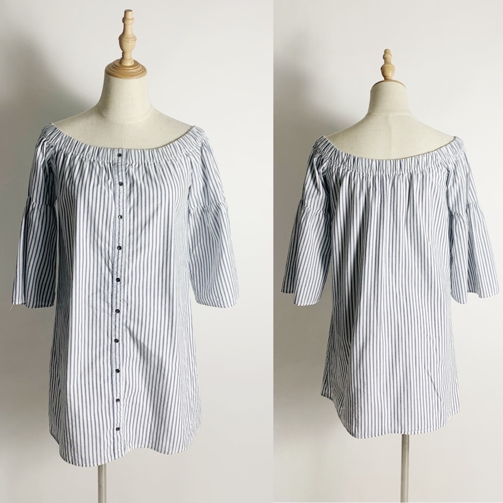 ABERCROMBIE AND FITCH Off Shoulder Striped Shirt Dress